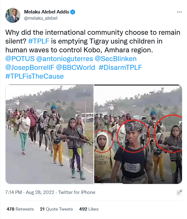 Harrowing footage of child soldiers that TPLF is using as cannon fodder in its war of choice &amp; latest offensive come streaming.  Yet, no outrage! no statements of condemnation from Governments/legislative bodies who pretend as HR advocates; no press coverage!  Connect the dots...