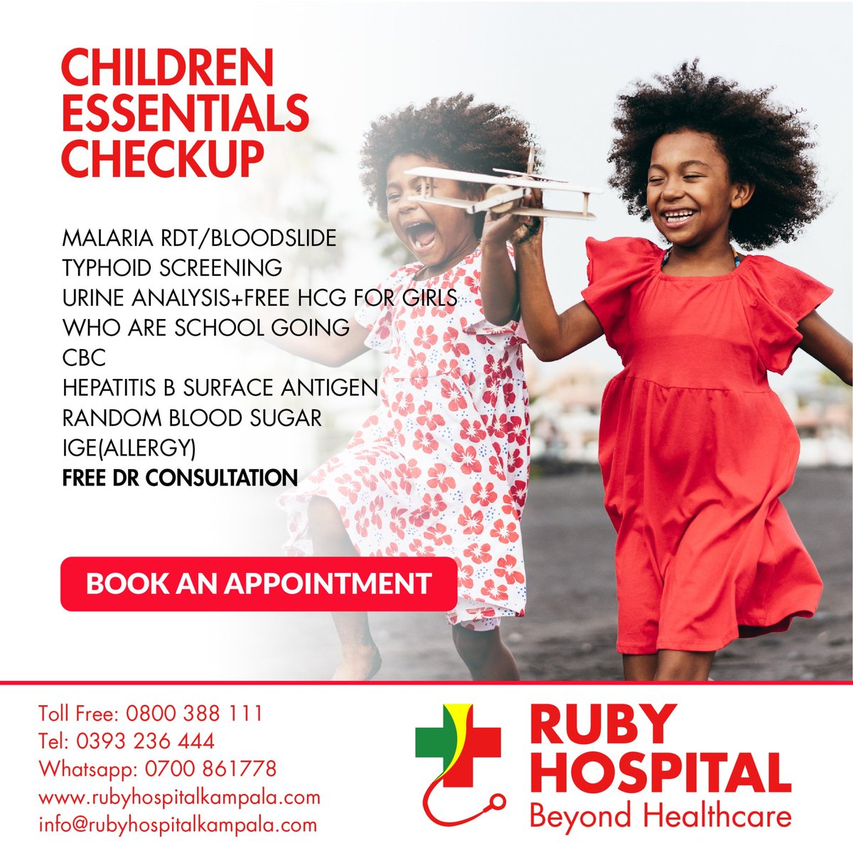 RubyhospitalUg's tweet image. Be proactive with your children's health rather than being reactive, get them Children's Essential Checkups to know their health status. Book an appointment today

#RubyMedicalCenter
#BeyondHealthcare
#Pediatrics
#ChildrenEssentialCheckup