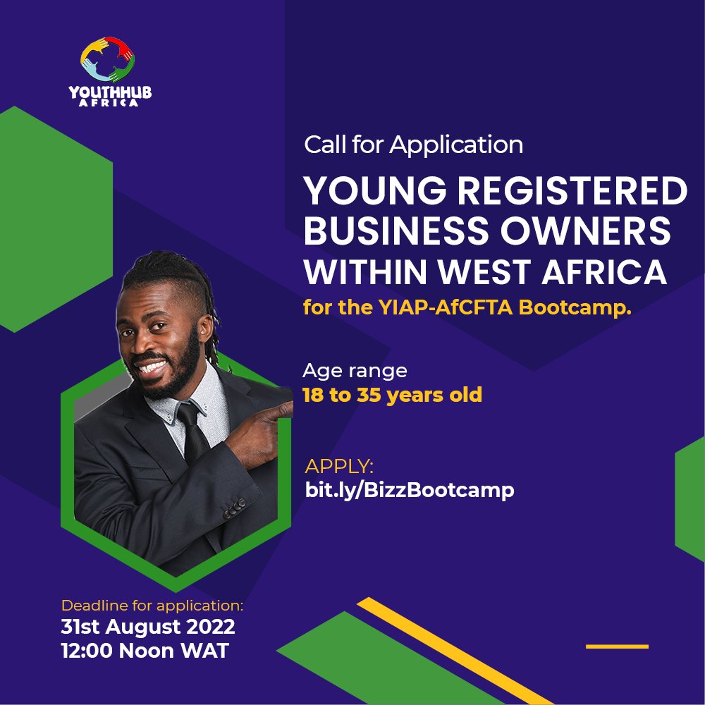 Are you a business owner? Here is a chance to be part of the Youth Inclusion Acceleration Project. The Youth Inclusion Acceleration Project will provide business owners in West Africa the platform and support to trade across west Africa. Click on bit.ly/BizzBootcamp to apply