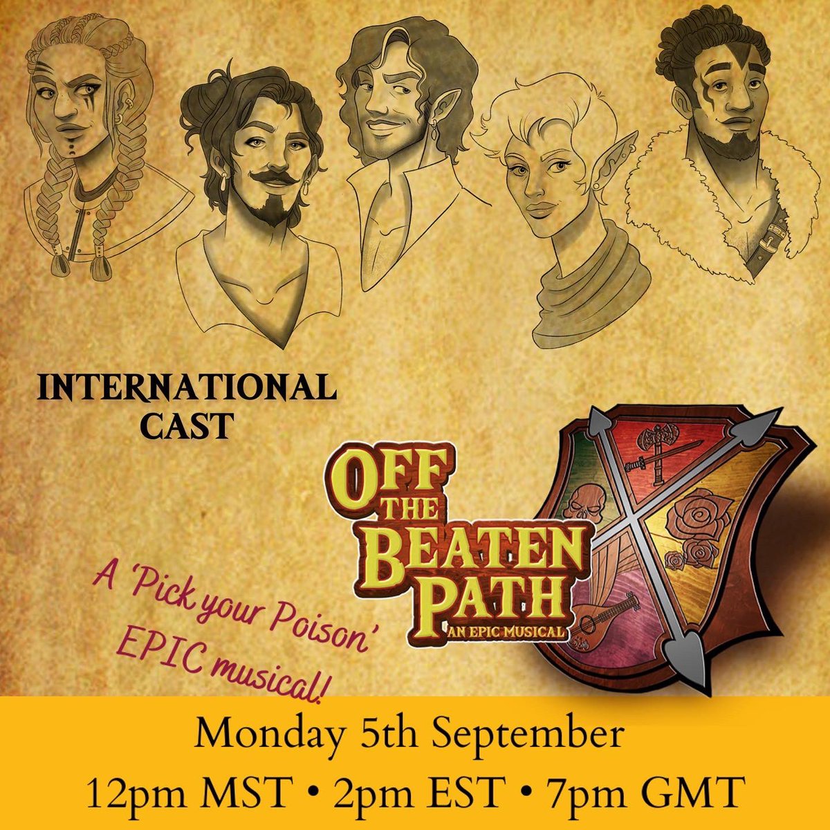 OBPmusical's tweet photo. Join us for our International Cast reading of Off the Beaten Path musical on Monday 5th Sept!
12pm MST
2pm EST
7pm UK
Get your FREE ticket:
https://t.co/QzDEGw6QLN
Character artwork by @FidzyO
#OBPmusical #ToryDoctor #DnDinspired #LOTRvibes #gameofthronesvibes
#livestream https://t.co/crg8I2GDMv