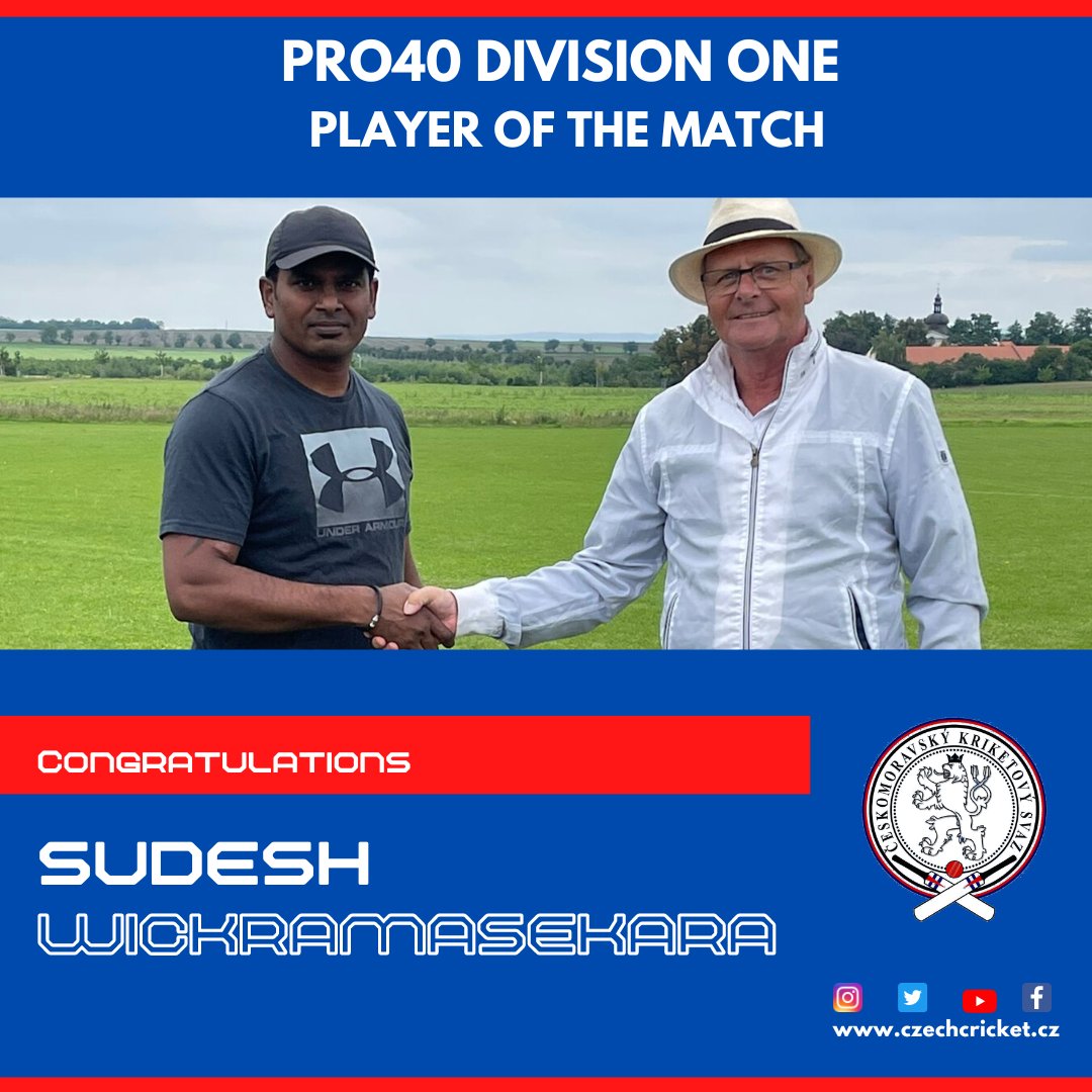 CzechCricket's tweet photo. Pro40 Division One Result & POTM
Prague CC - Kings (212 / 9 in 40) defeated Bohemian CC Orion (50 / 10 in 18.4) by 162 runs.
POTM - Sudesh Wickramasekara for his 104 runs in 82 balls with 9x4s 3x6s @ 126.83 SR.
#czechcricket #DIV1 #Pro40 #czechrepublic https://t.co/jHJhmHRZZS