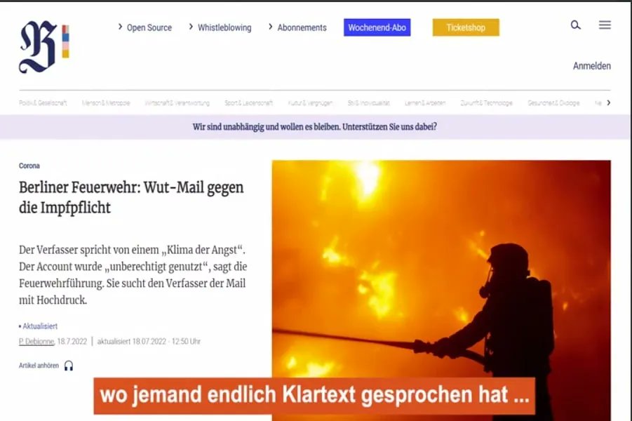 DiebasisN's tweet photo. Berliner #Feuerwehr schreibt #Wutmail gegen #ImpfPflicht - jetzt reden diejenigen, die die wahren #Tatsachen vor Ort kennen.

Gegen die #MachtPolitiker - und für uns Menschen im Lande.

#WirAlleSinddieBasis - #deineBasisImNorden gegen #Korruptionspolitiker https://t.co/09RpdRXoGS