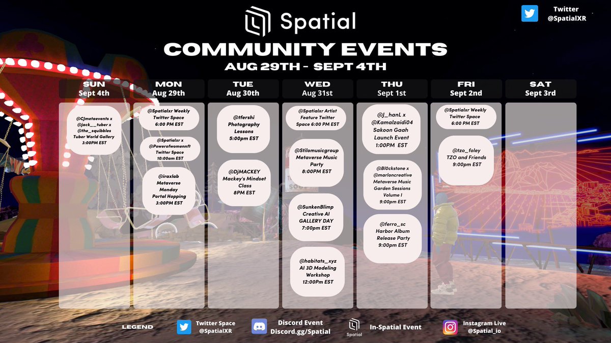 Spatial_io's tweet photo. Some dope events happening this week in Spatial ✨ Starting with a twitter space with @PowerOfWomenNFT today at 10a EST! 

If you’re having an event this week and don’t see it on the calendar DM us or respond to this tweet 🚀 

Happy Monday ✨ https://t.co/vMjAnsrh2N