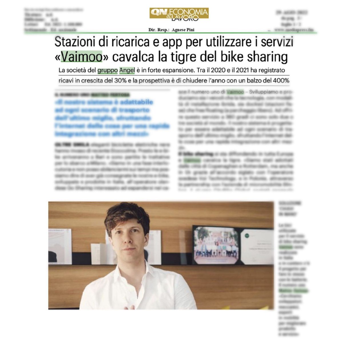 Vaimoo_'s tweet photo. Matteo Pertosa, CEO of VAIMOO, on @qnazionale. 

The complete interview here (IT): https://t.co/seeoawOHnF 

#AngelGroup #sustainability #ebike #bikesharing #micromobility #greenmobility #sharingmobility #publictransit #urbantransport #madeinitaly https://t.co/5PFD2lcoL4