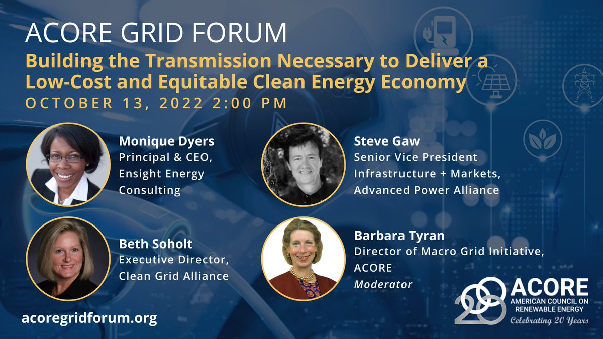What is the status of #transmission initiatives at DOE, FERC, and Congress? 

Find out answers to this question and more at the #ACOREGridForum. 

Secure your place among our distinguished speakers from <a href="/APowerAlliance/">Advanced Power Alliance ⚡️</a>, <a href="/CGA_Midwest/">Clean Grid Alliance</a>, and <a href="/Ensight_Energy/">Ensight Energy</a>. 
acoregridforum.org