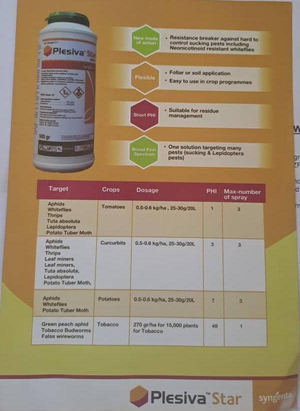 SyngentaZW's tweet photo. Important Information Alert⚠️.
Did you Know there is a New Powerful Insecticide for use in Tomatoes and Tobacco by the name #PlesivaStar.
●One stop solution against hard to control pests✅
●Flexible to use with short pre-harvest interval ✅ https://t.co/a0B9wvSuKf