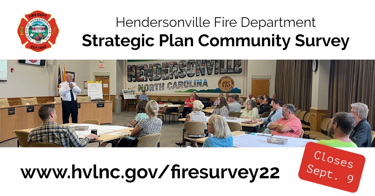 HVLfire's tweet image. Couldn't make last week's strategic plan focus group meetings? That's okay - there is still an opportunity to give your feedback!
🚒 
Visit hvlnc.gov/firesurvey22 and fill out a short survey before it closes on September 9!