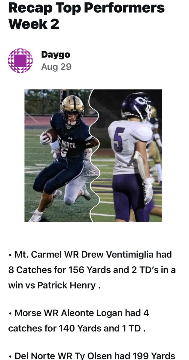 Andrelogan619's tweet photo. GREAT WAY TO START THE SEASON: In SD two @morse_football receivers in top 10 @AleonteLogan @Kantholdjayy QB @JohnnyMosti13 leading the way. Ranks from SD to ALL States. @Daygofootball @SDFNLMagazine @KUSIPPR @WBKsports @sdfootball @SDPreps @CalHiSports KEEP IT UP YOUNG MEN! https://t.co/MbliaR0nB9