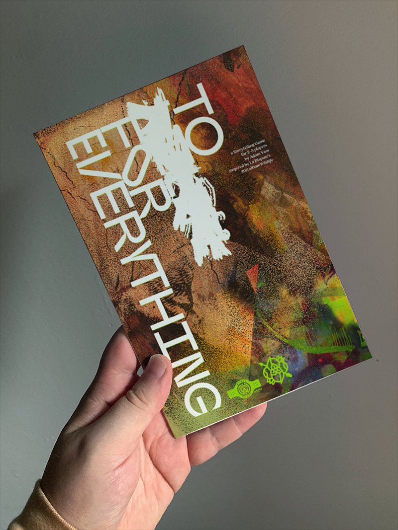 WCgameco's tweet photo. to (scratched out) for everything comes out tomorrow, a storytelling game of people searching for purpose,  overcoming loss, and simply living using annotations from your favorite novels, poems, and lyrics for guidance inspired by @ladisputeband 's Wildlife. https://t.co/bcEIP2rghO