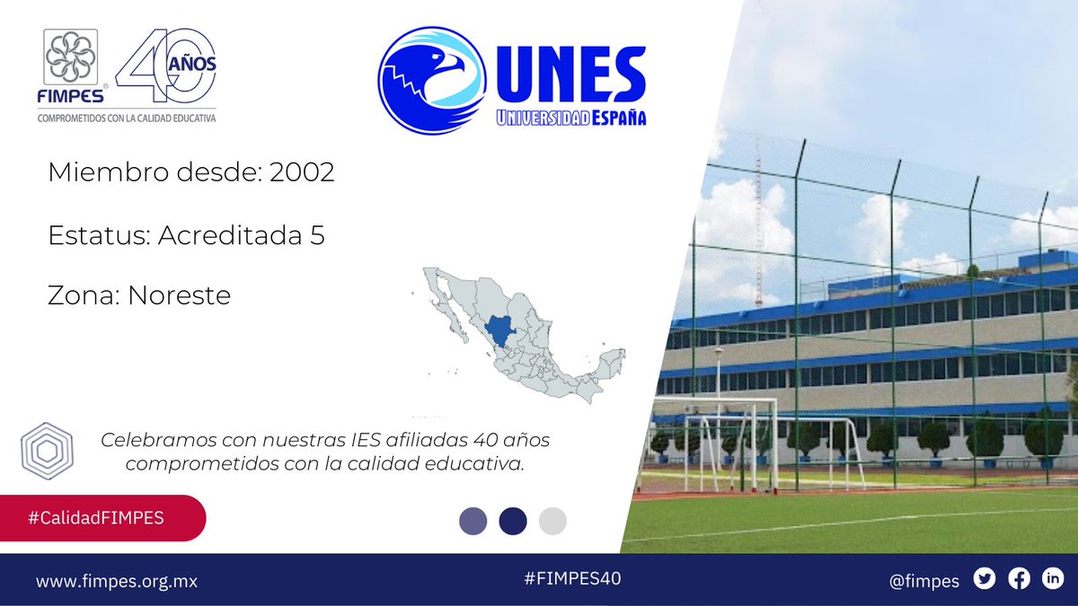 Celebramos con nuestras IES afiliadas 40 años comprometidos con la calidad educativa. 
<a href="/UNES_MX/">Universidad España</a>
#CalidadFIMPES 
#FIMPES40