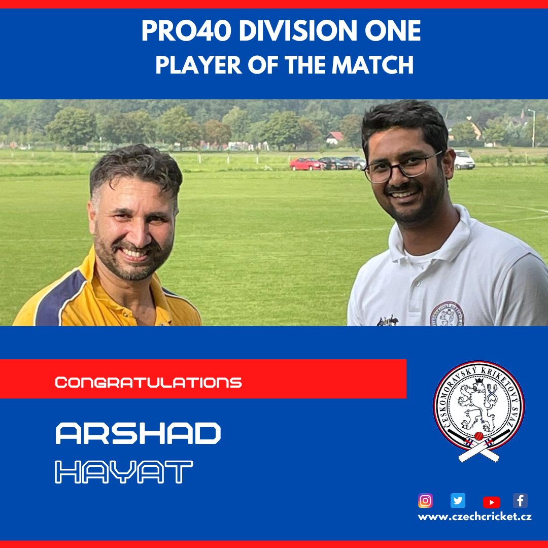 CzechCricket's tweet photo. Pro40 Division One Result & POTM
Vinohrady CC Rossos (166 / 5 in 25 // Revised Target 165 from 28.0 overs) defeated Brno Raiders (206 / 9 in 40) by 5 wickets.
POTM - Arshad Hayat - 6 overs. 42 runs, 2 wickets and 34 runs in 25 balls with 2x4s, 1x6s @ 136 SR.
#DIV1 #pro40 https://t.co/WRVWBiJjK0