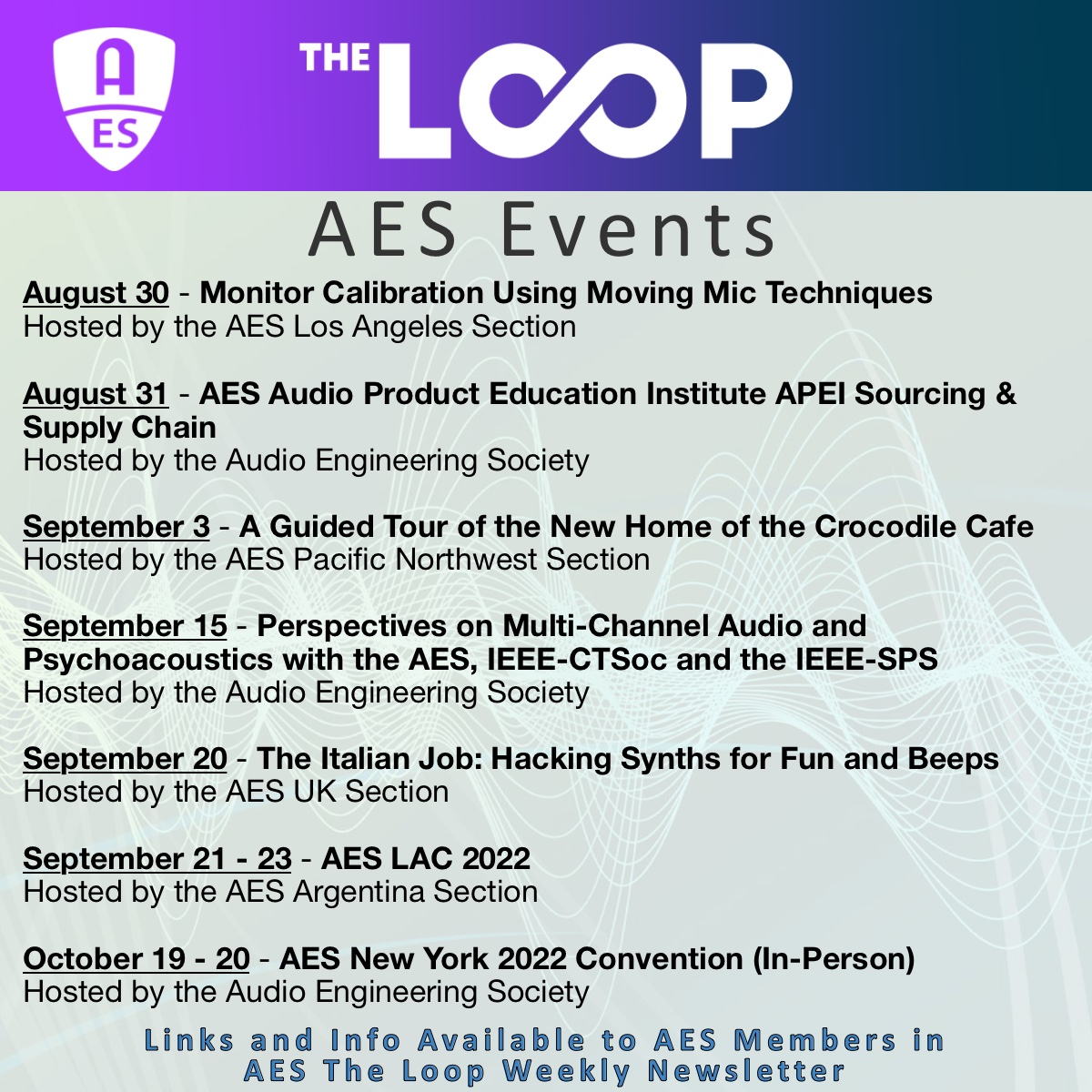 AESorg's tweet photo. Coming Up in AES Events - Join Us! 
https://t.co/hmCUn4Kxgm

#AESorg #proaudio #audioengineer #audioengineering #AES_org #AESMembers #AudioEvents #AESEvents #AudioStudents #AESStudents #audio #AudioMesasurement #AESShow #AudioProducts @AESorg #IEEE #psychoacoustics https://t.co/3rQr9PXci1