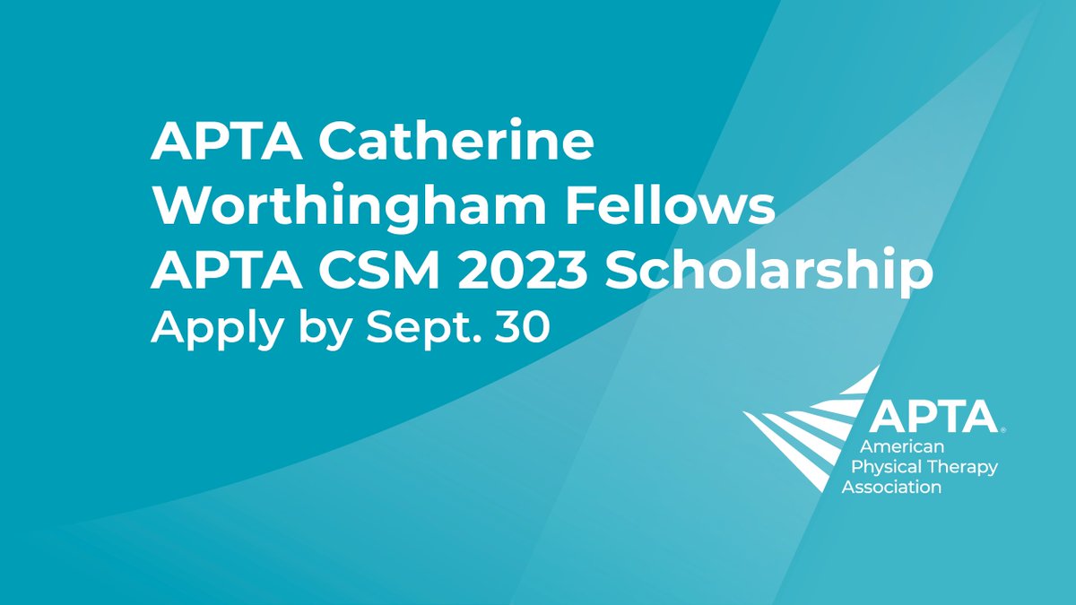 Apply now through Sept. 30! Six scholarships worth $750 each, for PT students to attend the #APTACSM in San Diego, Feb. 22-25, 2023. These scholarships are being provided by APTA's Catherine Worthingham Fellows. Learn more and apply: apta.org/csm/registrati…