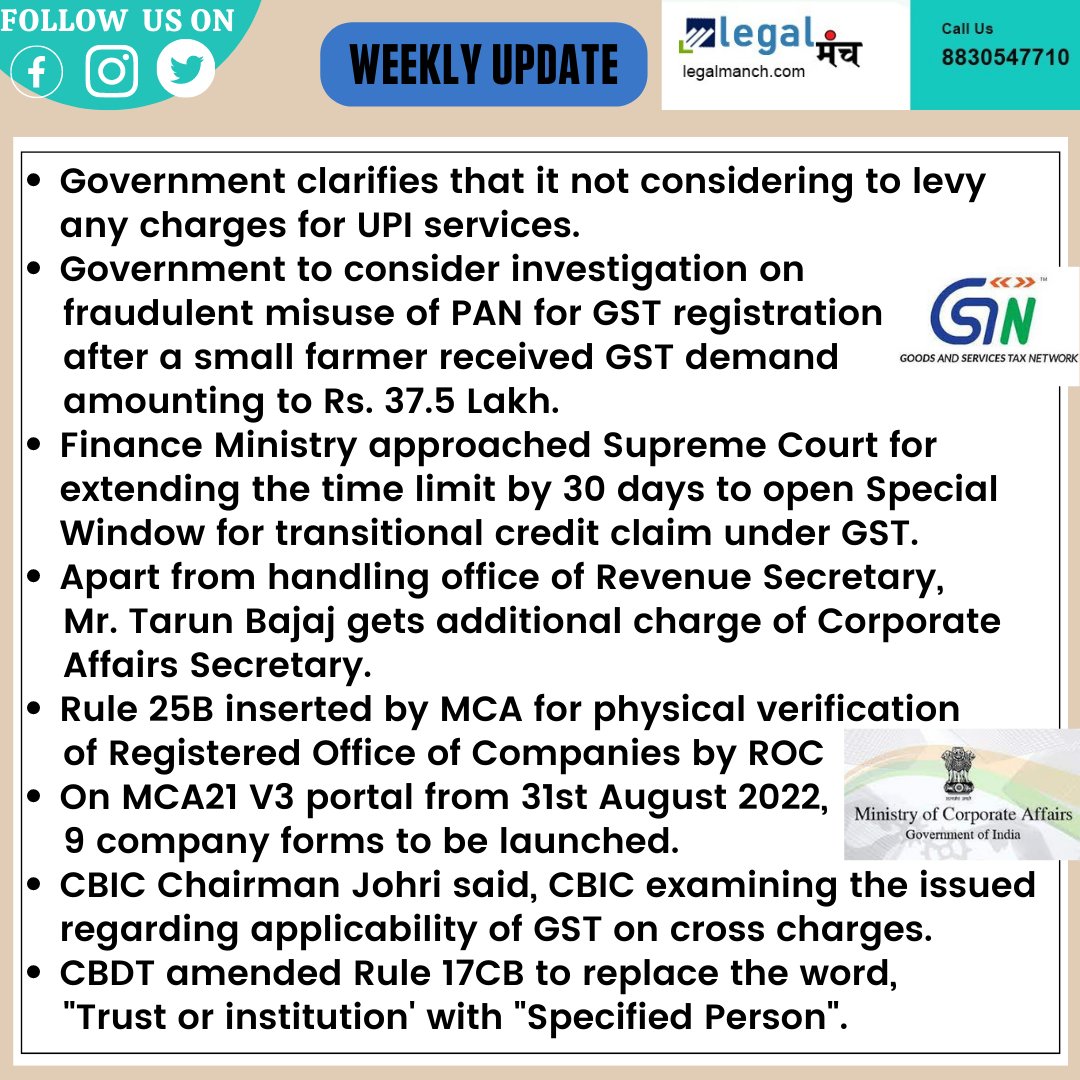 legalmanch's tweet photo. Here's weekly legal update
For detail
https://t.co/soBfSE3XQx
#legalupdates #weeklyupdate #cbdt #virtualdigitalassets #cbic #gstr #ICAI #TarunBajaj #mca21 #upicharges #fraudulent #pan #GSTRegistration #SupremeCourt #FinanceMinistry #registeredoffice #physicalverification #mca21v3 https://t.co/KAkJksv0r0