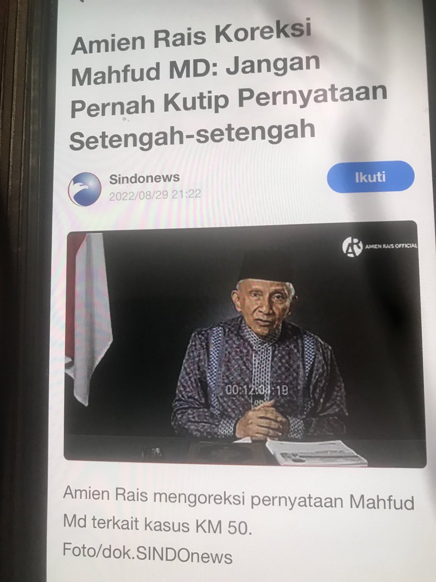 Mohon maaf, Pak Amien. Bahwa Pak Amien sendiri yg bilang “TNI/POLRI tdk terlibat Kasus KM 50”. Itu bkn kutipan sepotong, itu intinya. Pak Amien mengatakan itu tgl 7 Juli 2021, saat “Peluncuran Buku Putih” yg dibuat oleh TP3. Itu dimuat oleh berbagai media massa dgn isi yg sama.