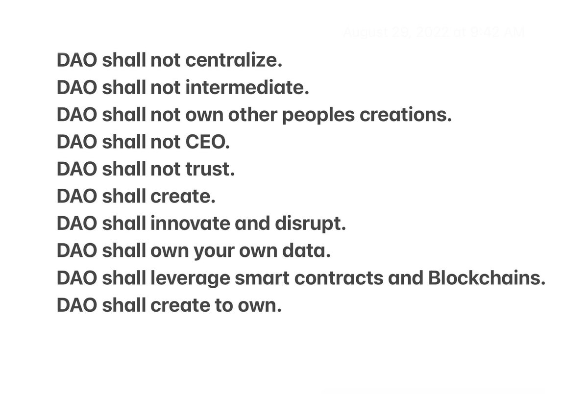 ArnellMilhouse's tweet image. The 10 commandments of the future 

DAO shall NOT
- centralize
- intermediate
- own creations of others
- CEO
- trust
DAO shall 
- create
- innovate &amp;amp; disrupt
- own your own data
- leverage smart contracts/blockchains
- create to own

#Web3 #Blockchain 
Creators are the currency