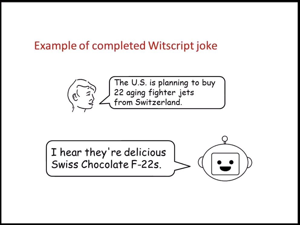 witscript's tweet photo. Now chatbots can have a sense of humor that's even more sophisticated.
Read my #computationalhumor paper from #iccc22, "Witscript 2: A System for Generating Improvised Jokes Without Wordplay": https://t.co/krhsR3B1NK https://t.co/1MtTMdh5ul