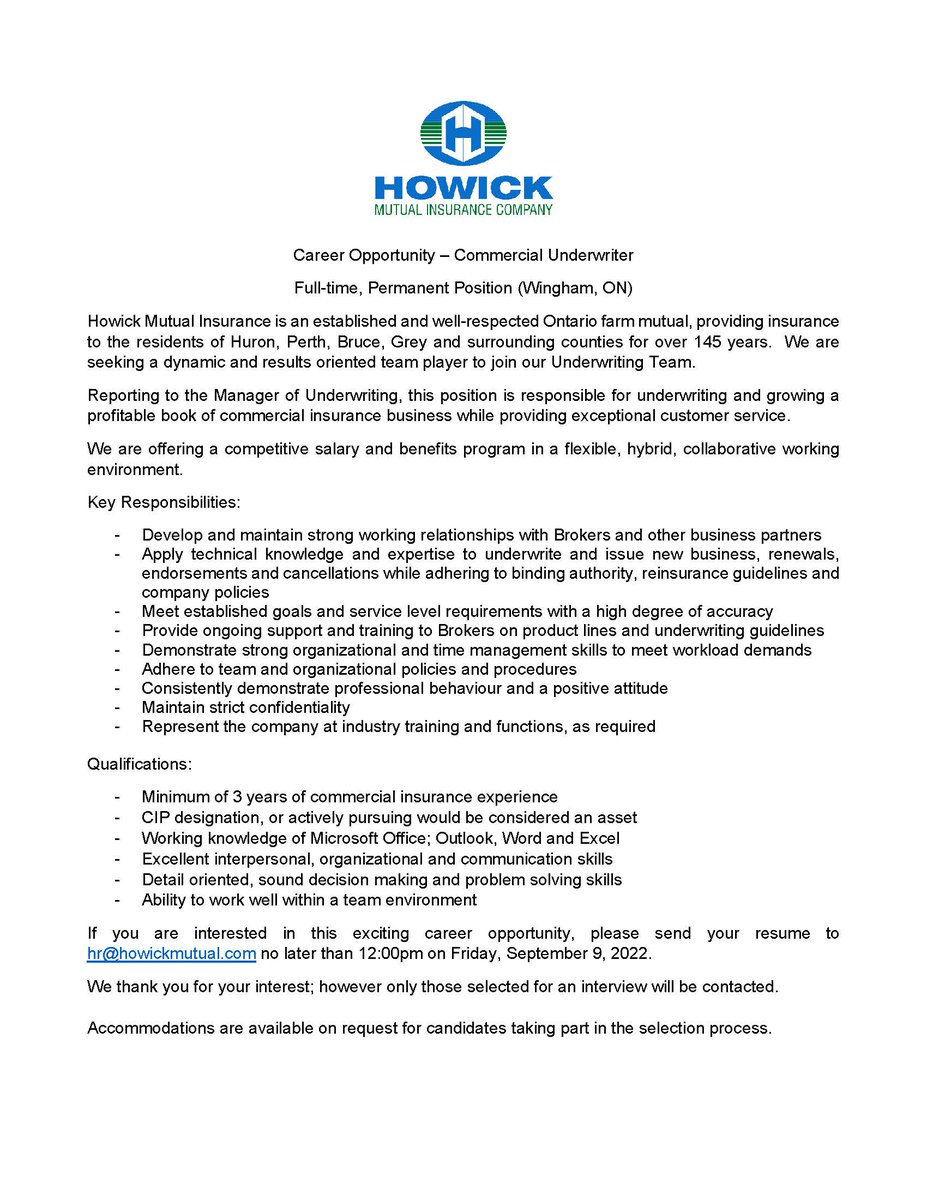 Career Opportunity at Howick Mutual Insurance.......