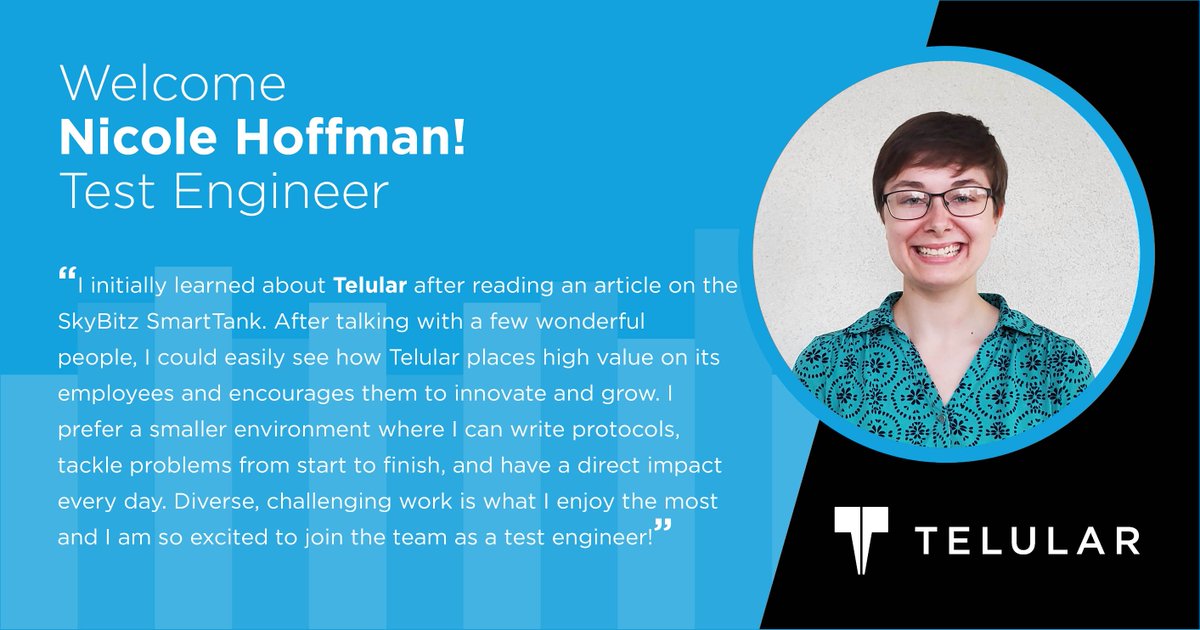 TelularCorp's tweet photo. Welcome Nicole Hoffmann as the new Test Engineer. In this role, Nicole will be responsible for manufacturing test development and support of Telguard and SkyBitz test systems. We are excited to have you Nicole! https://t.co/FHqOTBuByQ