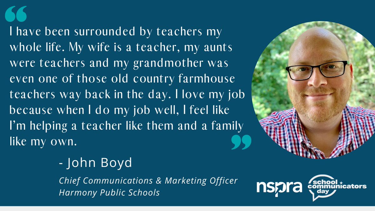 NSPRA's tweet photo. We asked members to tell us what they love about #schoolPR in advance of School Communicators Day in May and received so many responses we couldn’t share them all that month! So, we’re continuing to post them as #MemberMonday profiles - check out today’s from @JohnnyNewsroom! https://t.co/NiW87rOlKd