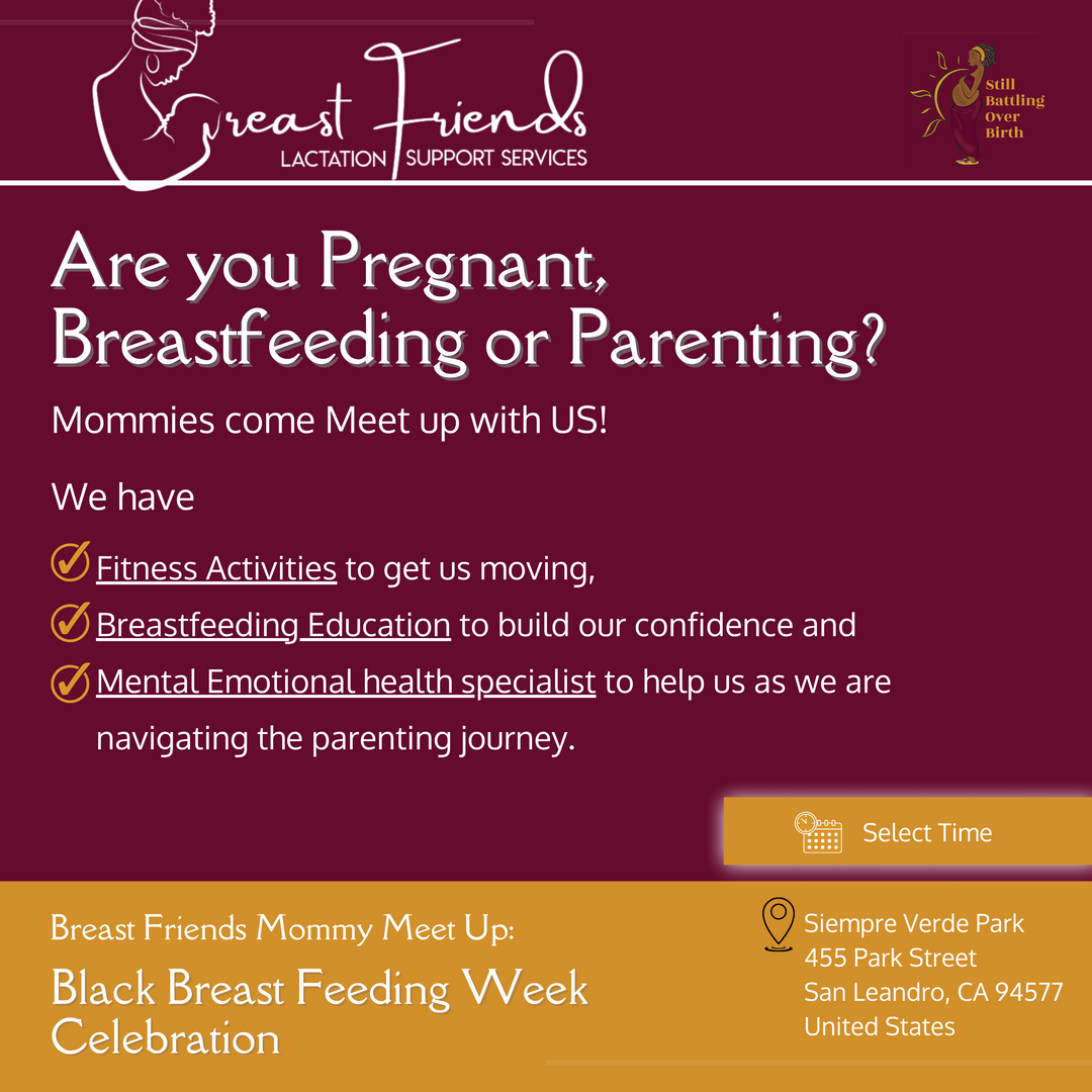 Hey, Mommies come Meet up with us!

Let's celebrate Black Breastfeeding Week with Breast Friends Oakland!

We have
✔ Fitness Activities to get us moving
✔ Breastfeeding education to build our confidence and
✔ Mental Emotional Health Specialist will help us navigate the pare