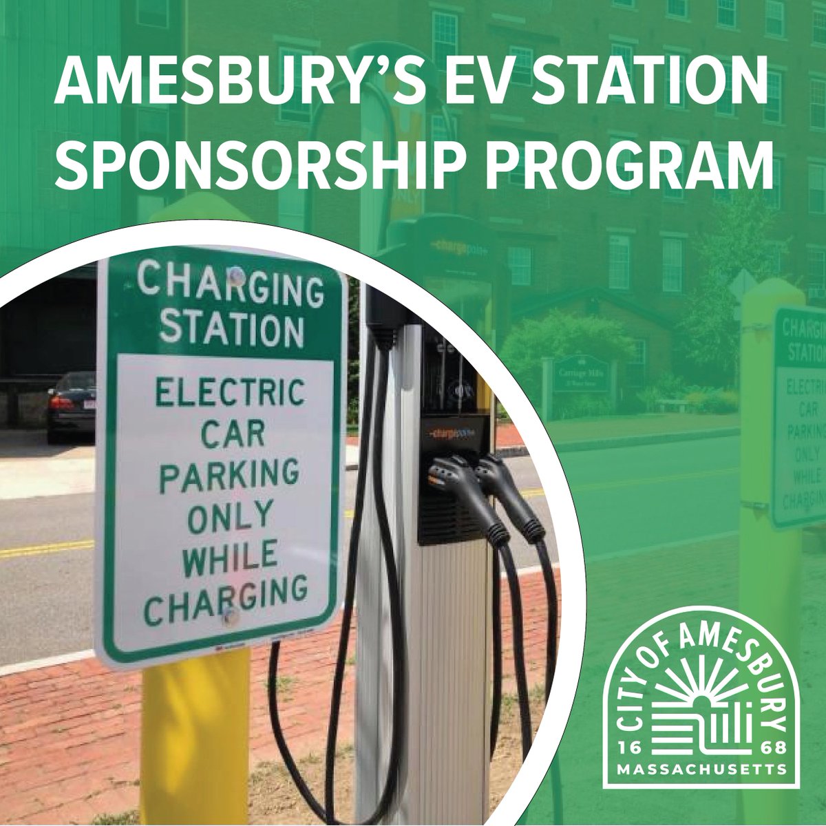 Through this program, local companies can help attract more electric vehicle drivers into Downtown Amesbury by sponsoring an EV charging station. 
For more information and to find the application, please visit: bit.ly/3ctvii5