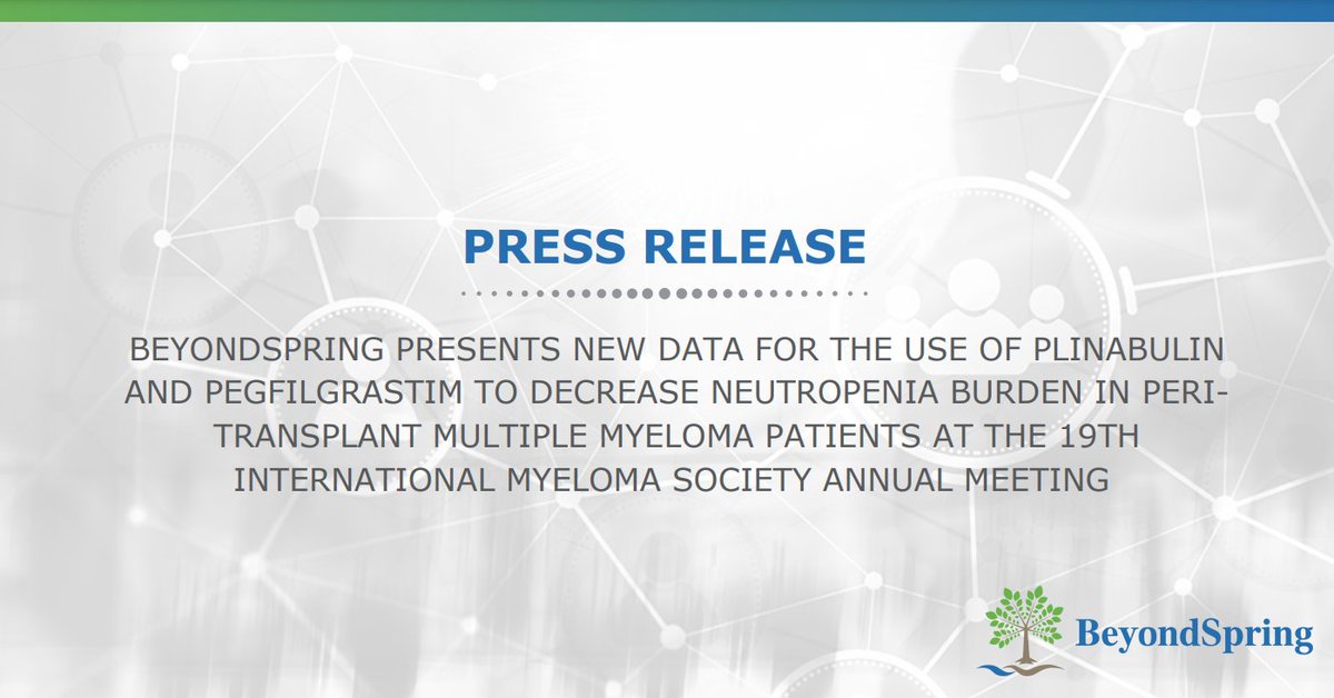 BeyondSpring (@beyondspringinc) on Twitter photo Today we announced data from our <a href="/MSKCancerCenter/">Memorial Sloan Kettering Cancer Center</a> #ClinicalTrial that evaluates how our lead asset can potentially decrease neutropenia burden in peri-transplant #MultipleMyeloma patients at the 19th International <a href="/Myeloma_Society/">Myeloma Society</a> Meeting. Learn more here: bit.ly/3KwUgtp Today we announced data from our <a href="/MSKCancerCenter/">Memorial Sloan Kettering Cancer Center</a> #ClinicalTrial that evaluates how our lead asset can potentially decrease neutropenia burden in peri-transplant #MultipleMyeloma patients at the 19th International <a href="/Myeloma_Society/">Myeloma Society</a> Meeting. Learn more here: bit.ly/3KwUgtp