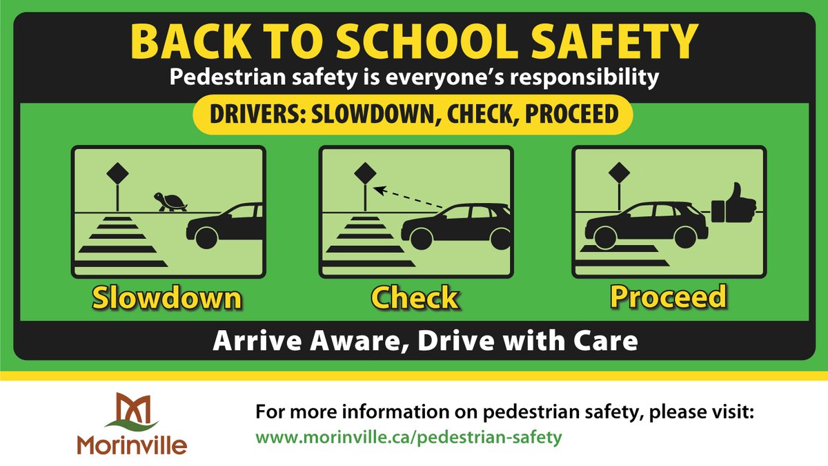 TownMorinville's tweet photo. Children return to school this week, please remember to walk and drive with care ⚠️. Pedestrian safety is everyone's responsibility. 

For information on pedestrian safety, please visit: https://t.co/6yrBFzfPxG https://t.co/qIA4VktbPc