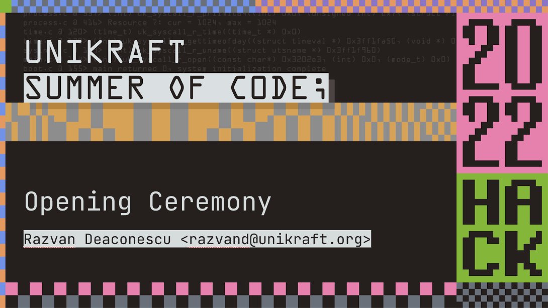 UnikraftSDK's tweet image. Welcome to the 40+ krafters 🐒 joining us virtually on Discord today for the first day of the Unikraft Summer of Code Hackathon! 👩🏻‍💻

Let the #unikernel hacking begin! 🚀🚀