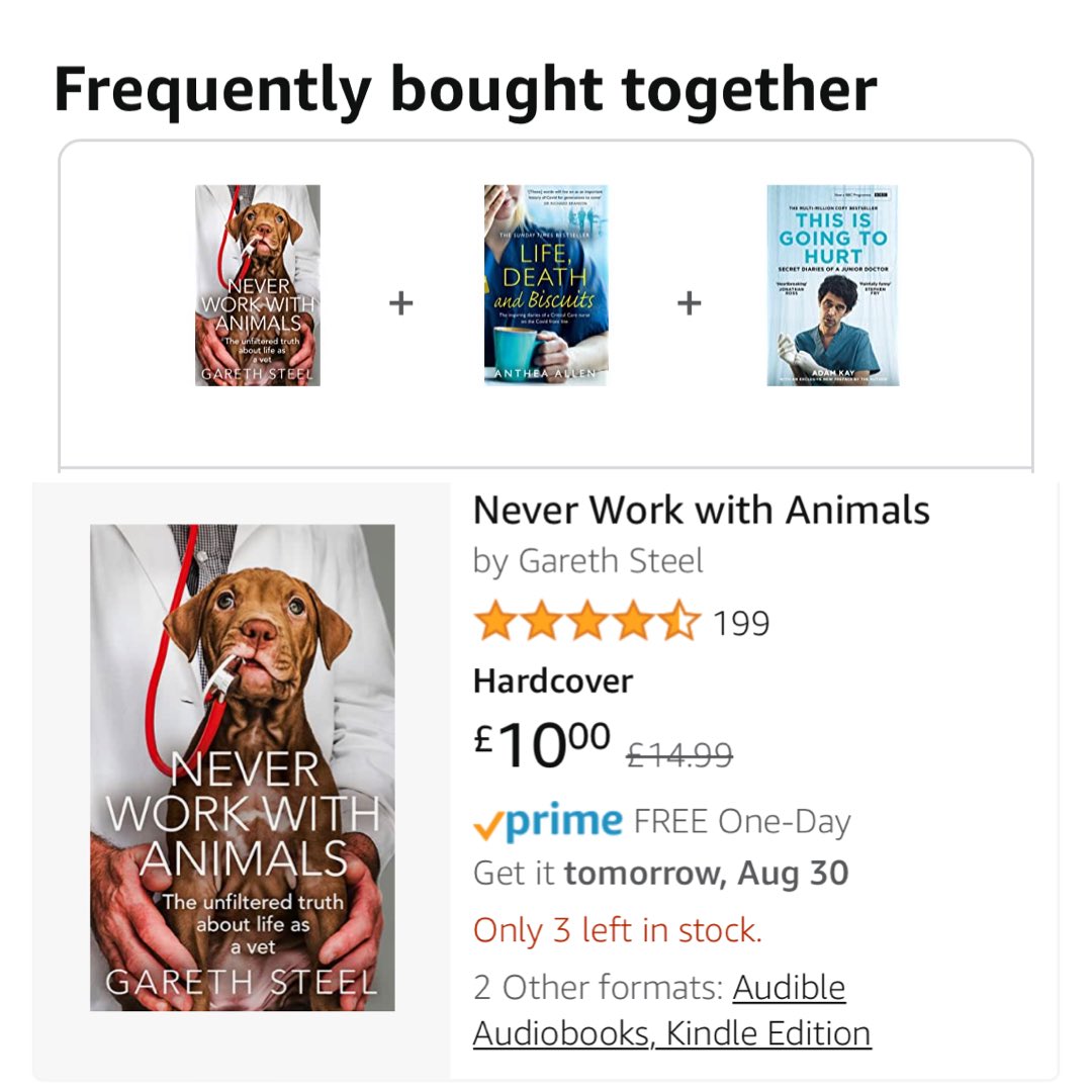garethsteel1's tweet photo. Thanks to everyone who’s bought, read, and reviewed #neverworkwithanimals! I can highly recommend #thisisgoingtohurt by @amateuradam and @Anthea_Gilbert’s #lifedeathbiscuits. It’s gob-smacking that anyone is buying my book along with theirs. However, Amazon only have 3 left! https://t.co/gmnenQEMd1