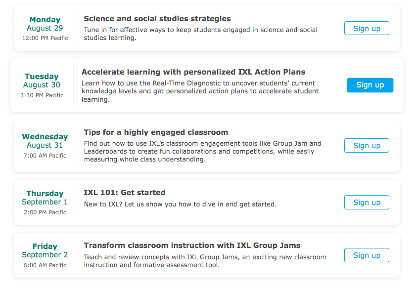 IXLLearning's tweet photo. Teachers, sign up for this week's free webinars to learn all about IXL's Personalized Action Plans, Group Jams, and more! https://t.co/zo40NfQIuT https://t.co/QOwPoFSuRO