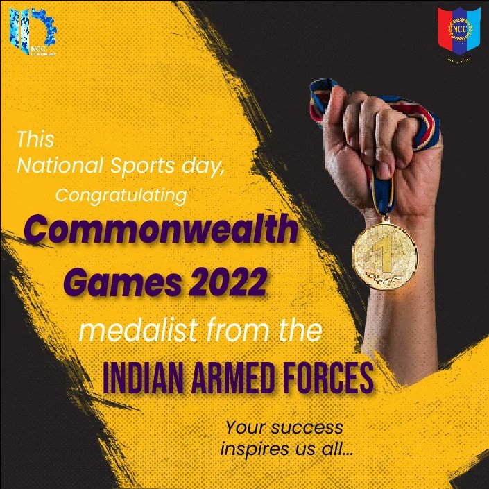 NCC_IIT_Bombay's tweet photo. Jai Hind!
#NationalSportsDay2022 is celebrated on the birth anniversary of the legend, #MajorDhyanChand - The wizard of Hockey! 
We congratulate all those who displayed their indomitable spirit at #CommonwealthGames2022 and made #India proud.
@ncc_dte
@HQ_DG_NCC
@mumbai_group https://t.co/XplT39ApMo