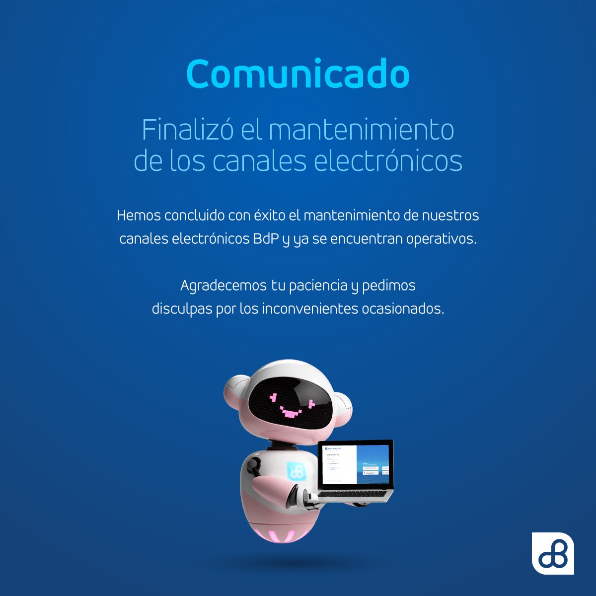 BancoPacificoEC's tweet photo. ⚠️ ATENCIÓN: ⁣
El mantenimiento de nuestros canales ha finalizado exitosamente y ya se encuentran operativos en su totalidad. ✅⁣

Agradecemos su paciencia y pedimos disculpas por los inconvenientes. https://t.co/0MjiQwQsj0