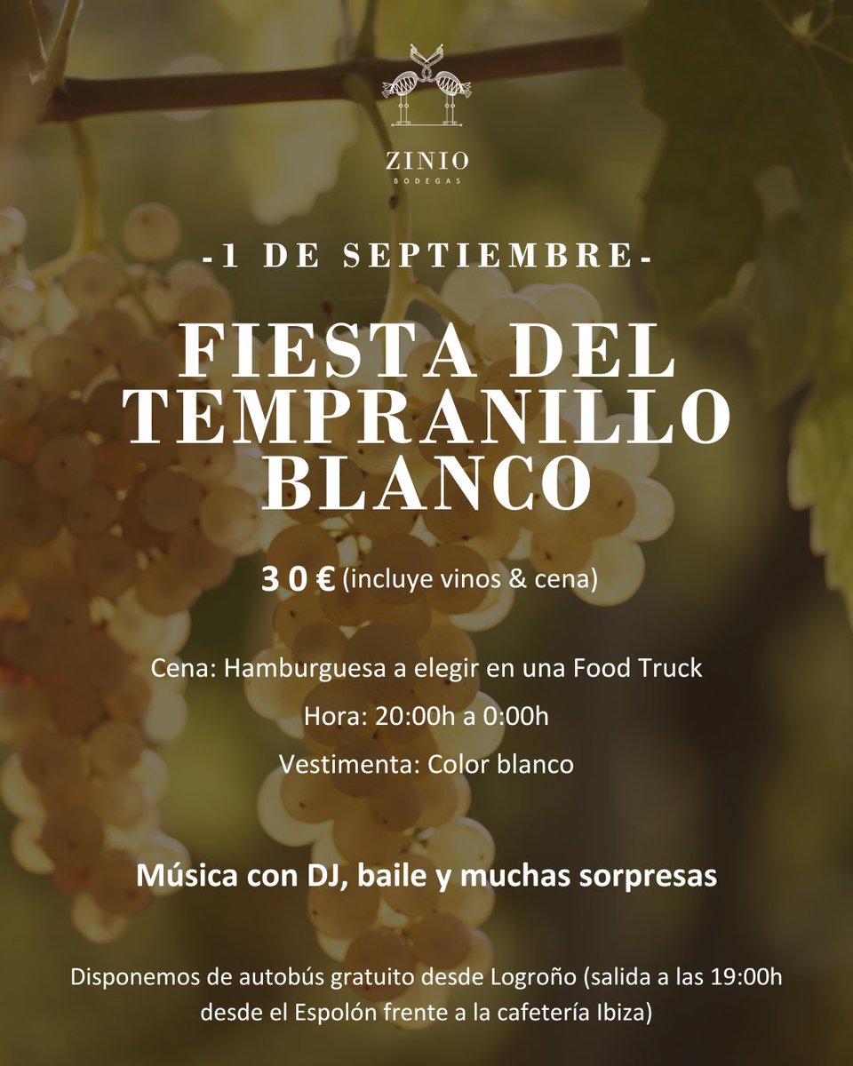¡No te puedes perder el próximo 1 de septiembre nuestra Fiesta del Tempranillo Blanco!🍇 Compra tu entrada antes de que se agoten👉🏽ziniobodegas.com/tienda/es/todo…