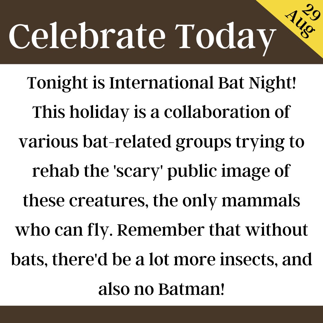 #AVCcalendar Tonight is International Bat Night! This holiday is a collaboration of various bat-related groups trying to rehab the 'scary' public image of these creatures, the only mammals who can fly. Remember that without bats, there'd be a lot more insects, and also no Batman!
