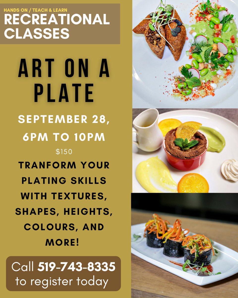 Top Toques (@top_toques) on Twitter photo Recreational Cooking Classes are back and we are starting on September 28th with a hands on Art on a Plate class!
Limited spots available so secure your spot today!
519-743-8335
admissions@toptoques.ca Recreational Cooking Classes are back and we are starting on September 28th with a hands on Art on a Plate class!
Limited spots available so secure your spot today!
519-743-8335
admissions@toptoques.ca