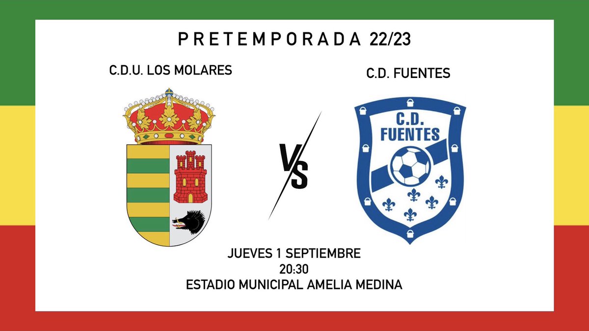 udlosmolares's tweet photo. PRETEMPORADA 22/23 🟢🟡🔴

⚽️ Empezamos el mes de septiembre con un nuevo amistoso para seguir preparando la temporada 22/23. 

🗓 1 SEPT
🆚 C.D. Fuentes 
🕥 20:30
🏟 Amelia Medina

¡VAMOS! 💪🏽🦁 https://t.co/vtiGzrxHIh