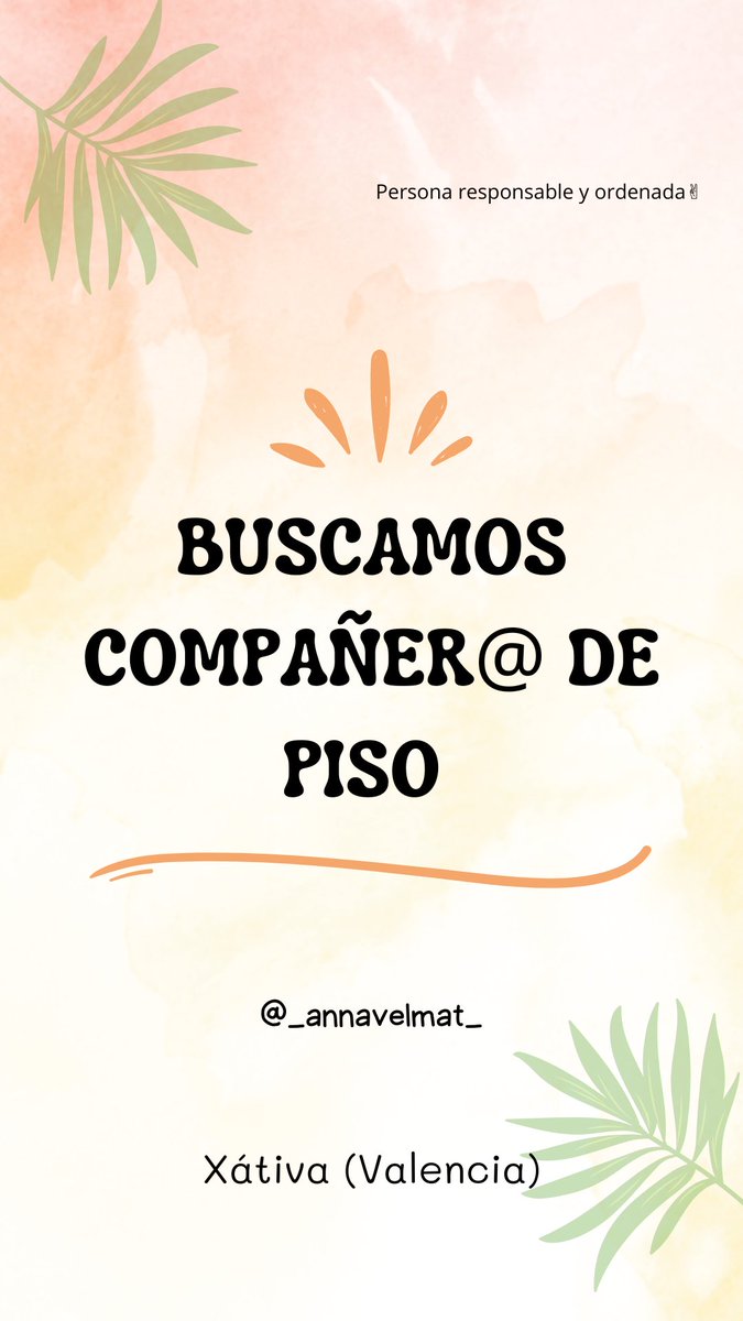 Hola, somos dos chicas que buscamos una tercera persona para entrar a vivir en Xativa a partir de septiembre. Si te interesa o conoces a alguien que pueda interesarle, ponte en contacto conmigo. Gracias de antemano