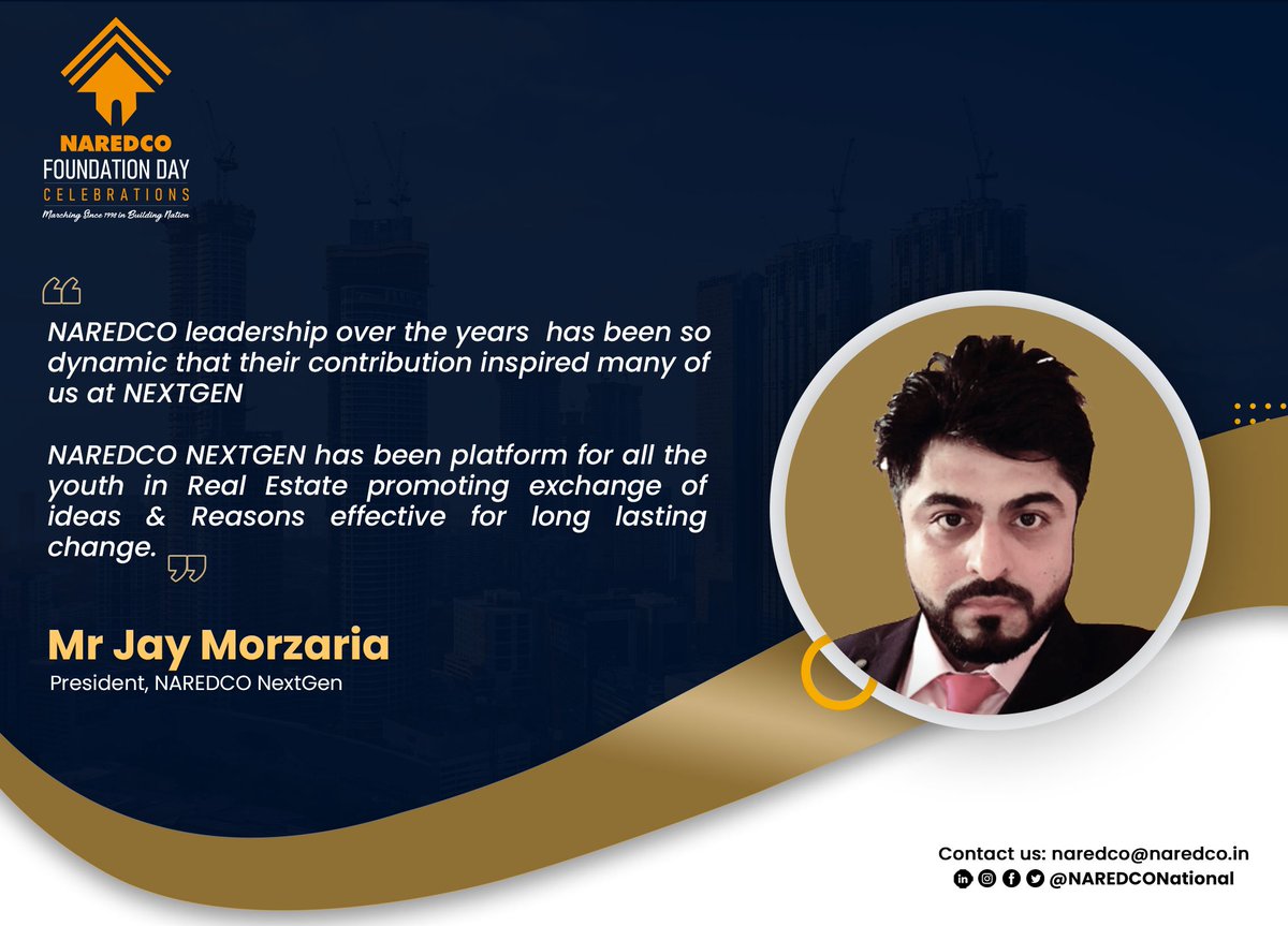NaredcoNational's tweet photo. Mr. Jay Morzaria, President, #NAREDCONEXTGEN shared his views at a webinar organized on the ocassion of NAREDCO's Foundation Day.
#NAREDCO #MahaRERA #realestate #realestatesector #infrastructure #infrastructureinvestment https://t.co/Et1NeO2xFA