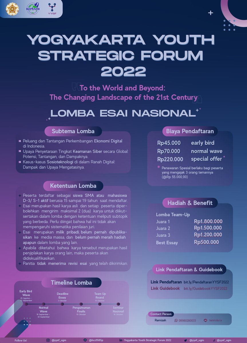 yysf_ugm's tweet photo. 🚩 [YOGYAKARTA YOUTH STRATEGIC FORUM PROUDLY PRESENTS] 🚩

Yogyakarta Youth Strategic Forum Universitas Gadjah Mada mempersembahkan *Lomba Esai Nasional* untuk SISWA SMA/SMK dan MAHASISWA seluruh Indonesia! Pada tahun 2022 ini, YYSF mengangkat tema "To the World and Beyond: The https://t.co/NXyNlh972O