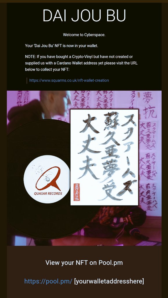 SQUARMS_'s tweet photo. It's official. Our limited edition #cryptovinyl release Dai Jou Bu is finally on the blockchain 🌐
It's been a lot of work this year, but we've got here. Look how cool they are!
You can get your unique 1/50 edition here: https://t.co/SIyUzlpkCX
📀#Vinyl+🔐#CNFT+🎨#Shodo https://t.co/G94bGD9NEG