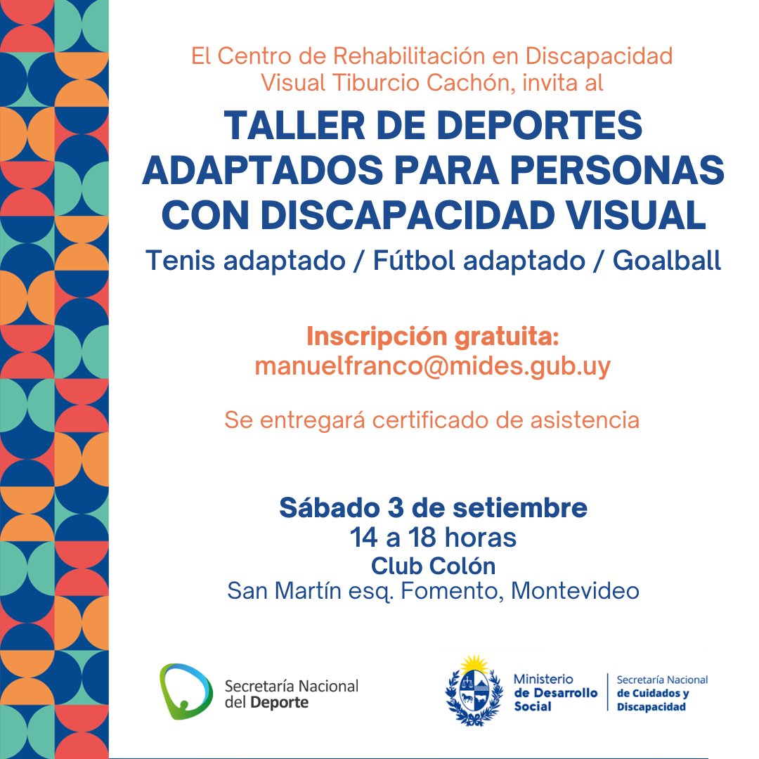 DiscapacidadUy's tweet photo. #DeportesAdaptados

El Centro de Rehabilitación en Discapacidad Visual "Tiburcio Cachón", de la Dirección de Discapacidad del @midesuy, estará brindando un taller de deportes adaptados.

🎾 Tenis
⚽ Fútbol
🤾‍♀️ Goalball

🙌 ¡Te esperamos el sábado en el Club Colón, desde las 14 hs! https://t.co/jZVX2PomuB