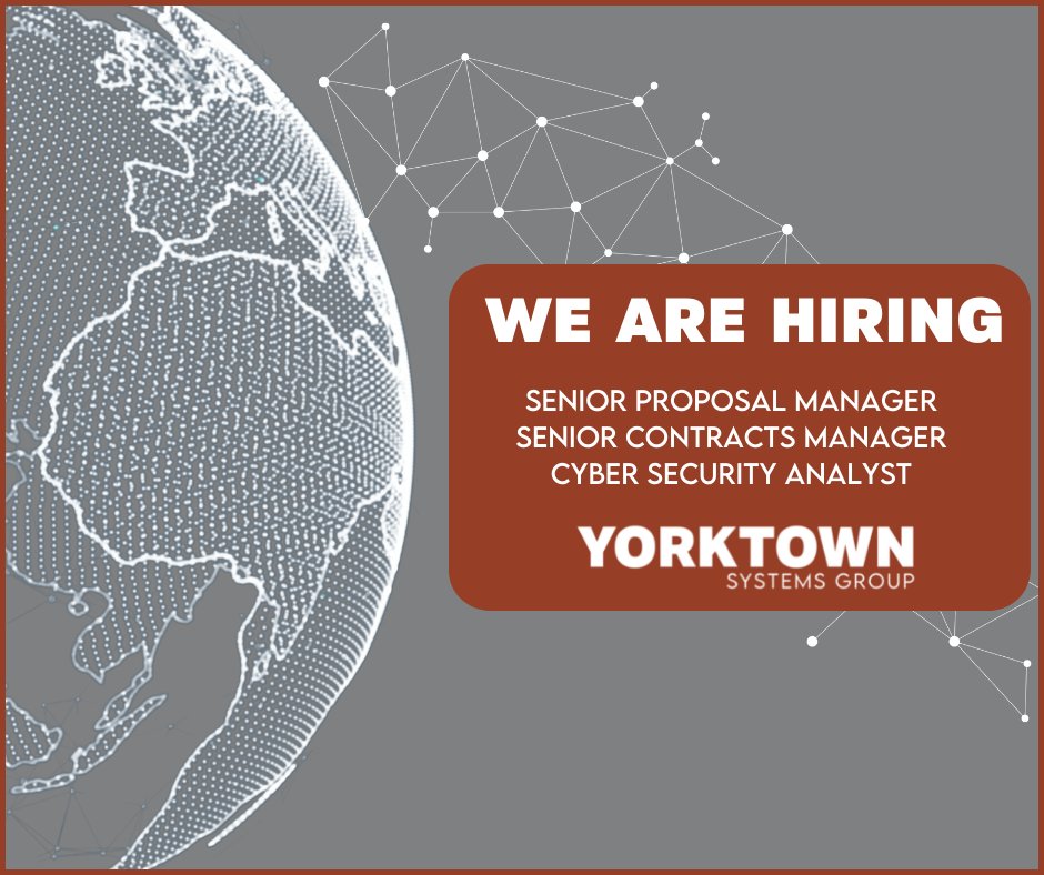 YSGinc's tweet photo. Yorktown Systems Group, Inc. seeks to fill the following HQ positions listed. 
If you are interested in learning more about these opportunities, please visit our career site https://t.co/WSACdXf76X. https://t.co/MKViEH8oM2