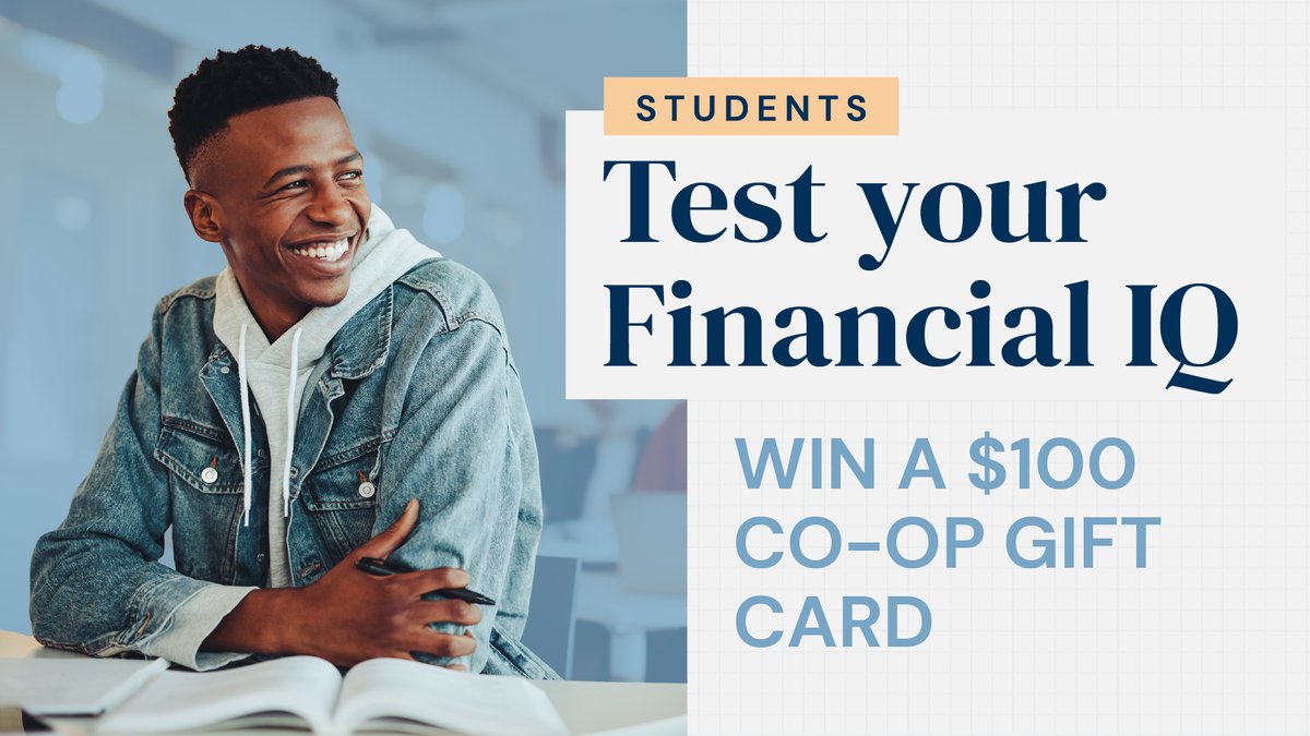 ✨Calling all students✨ 

We're giving away four $100 Co-op gift cards to help with your #BackToSchool expenses! To enter, visit our website and put your financial knowledge to the test 🧠 Contest ends on Sept 30, 2022. 

Take the test at bit.ly/3CBvFlr

#Giveaway