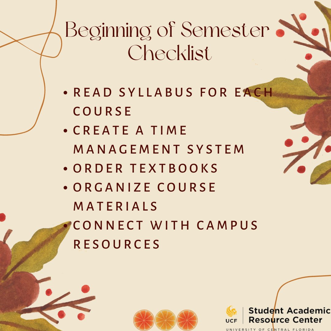 UCFSARC's tweet photo. Happy Monday Knights! We have created this checklist for you to use to stay organized this semester. Want more tips? Schedule an ACE Session! You can also join a tutoring or SI sessions for more help with specific courses. #UCFSARC #AcademicSuccess #Fall2022 #ACECoaching https://t.co/94h8EzdGFw