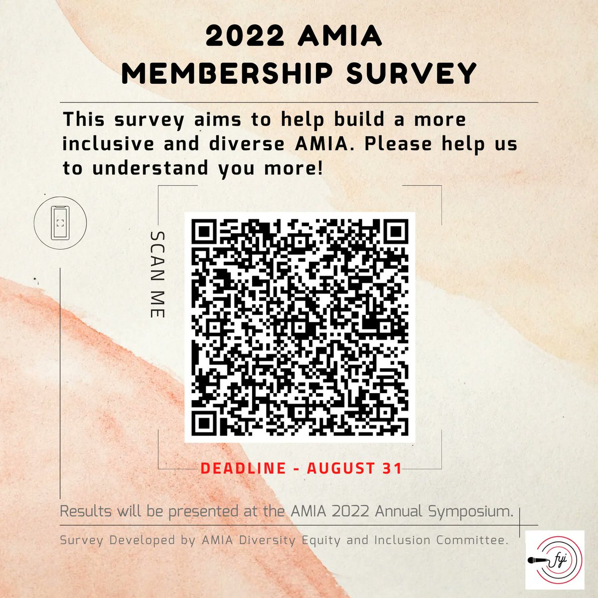 FYInformatics's tweet photo. If you are a member or a former member of AMIA, please complete this 15-minute survey. This survey will help AMIA to build a more inclusive and diverse community. We look forward to hearing from you! #AMIA #Diversity #Equity #Inclusion #foryourinformatics https://t.co/IhuLpZbMfV