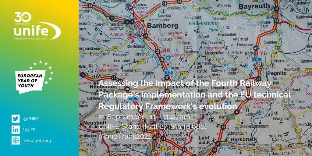 UNIFE's tweet photo. What’s the hold up? With the #4RP, the stepping stone to the Single 🇪🇺 Railway Area, cross border train travel is becoming more seamless!
Visit our #InnoTrans2022 booth on 21 Sept to learn how technical regulations are shaping tomorrow’s network, today👉https://t.co/bjt2vC0NcH https://t.co/Zq3WkA8TsF