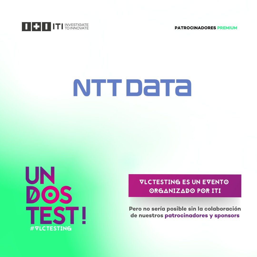 ITI_TIC's tweet photo. ➡️ @NTTDATA será patrocinador premium de este #VLCTESTING. Una empresa que acompaña a sus clientes en su desarrollo #digital a través de servicios de consultoría estratégica y #advisoring.
🔗https://t.co/WvtXLZg1HG
#InvestigateToInnovate #PatrocinadoresVLCTESTING https://t.co/bvkFEzFPzL