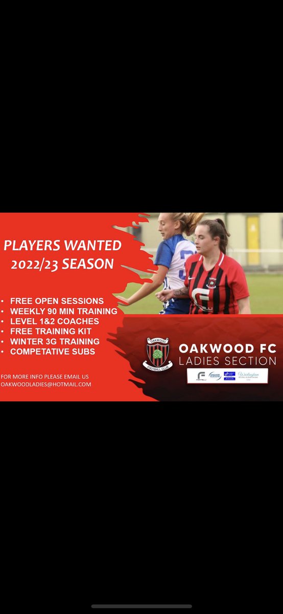 Oakwood Ladies are looking for new experienced players to join them in this years campaign, any player looking for a new club , please get intouch with us for more details