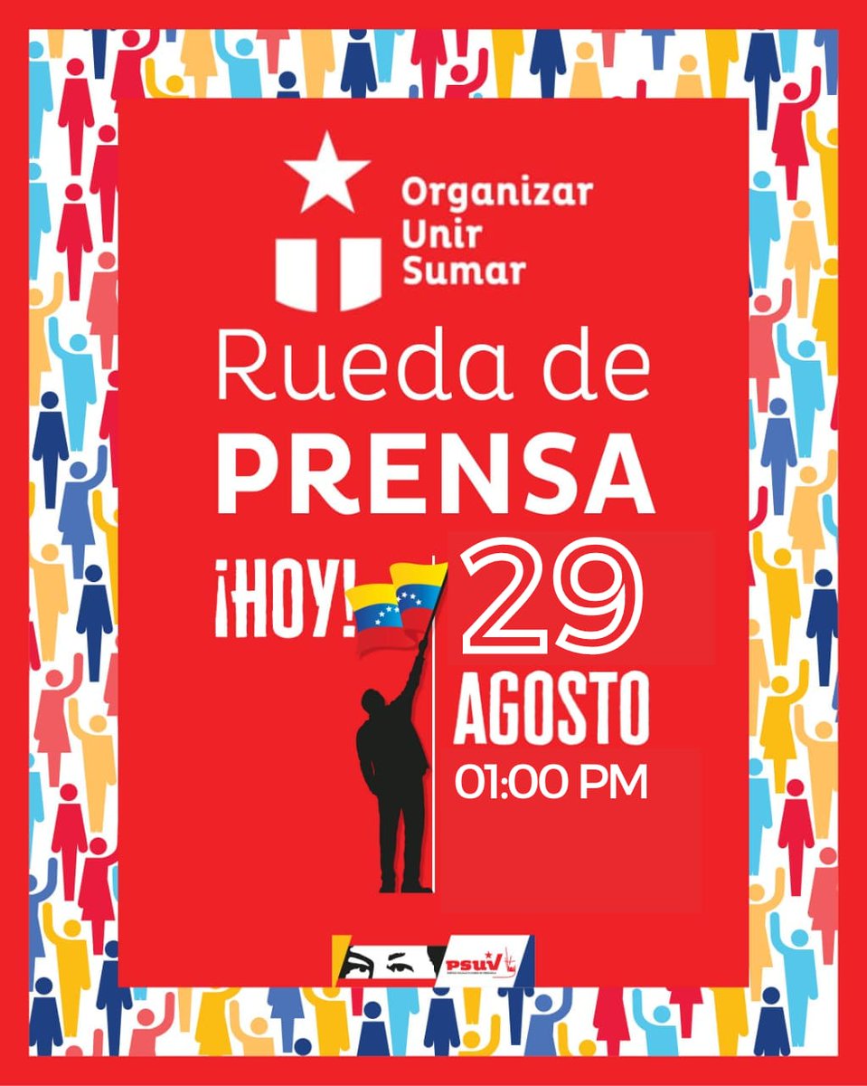 PSUV (@partidopsuv) on Twitter photo ¡HOY! 🙋🏾🙋🏽♂️🙋🏿♂️🙋🏻♀️
Rueda de prensa de la Dirección Nacional del PSUV.
Nos vemos esta tarde a través de las pantallas de Venezolana de Televisión.
<a href="/NicolasMaduro/">Nicolás Maduro</a>
<a href="/dcabellor/">Diosdado Cabello R</a>
#PueblosUnidosPorLaPaz ¡HOY! 🙋🏾🙋🏽♂️🙋🏿♂️🙋🏻♀️
Rueda de prensa de la Dirección Nacional del PSUV.
Nos vemos esta tarde a través de las pantallas de Venezolana de Televisión.
<a href="/NicolasMaduro/">Nicolás Maduro</a>
<a href="/dcabellor/">Diosdado Cabello R</a>
#PueblosUnidosPorLaPaz